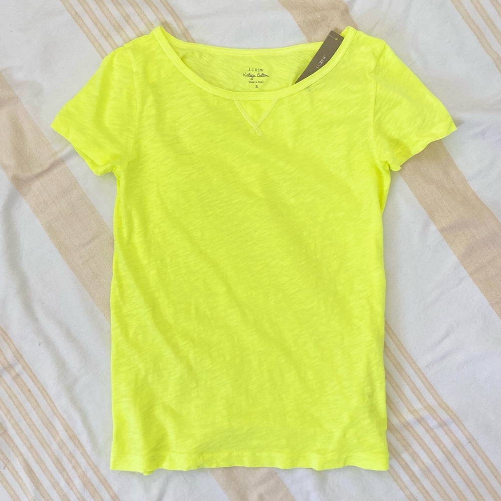 J. Crew NWT Neon Collection Vintage Cotton V-Stitch Tee in Neon Yellow SZ S